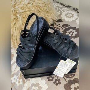 CROCS Women's Black Brooklyn Strappy Low Wedge Sandals